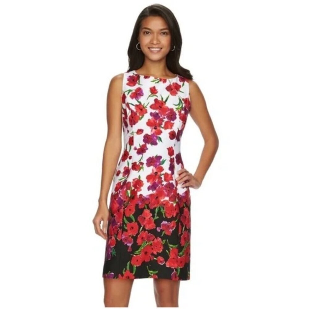 Chaps Floral Sheath Dress Cotton Sleeveless Preppy Midi Red Black White Print 12